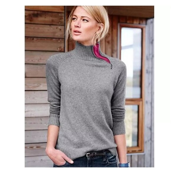 Garnet Hill Zip-Detail 100% Cashmere T-Neck sweater in Light Camel & White Sz M - Picture 1 of 6